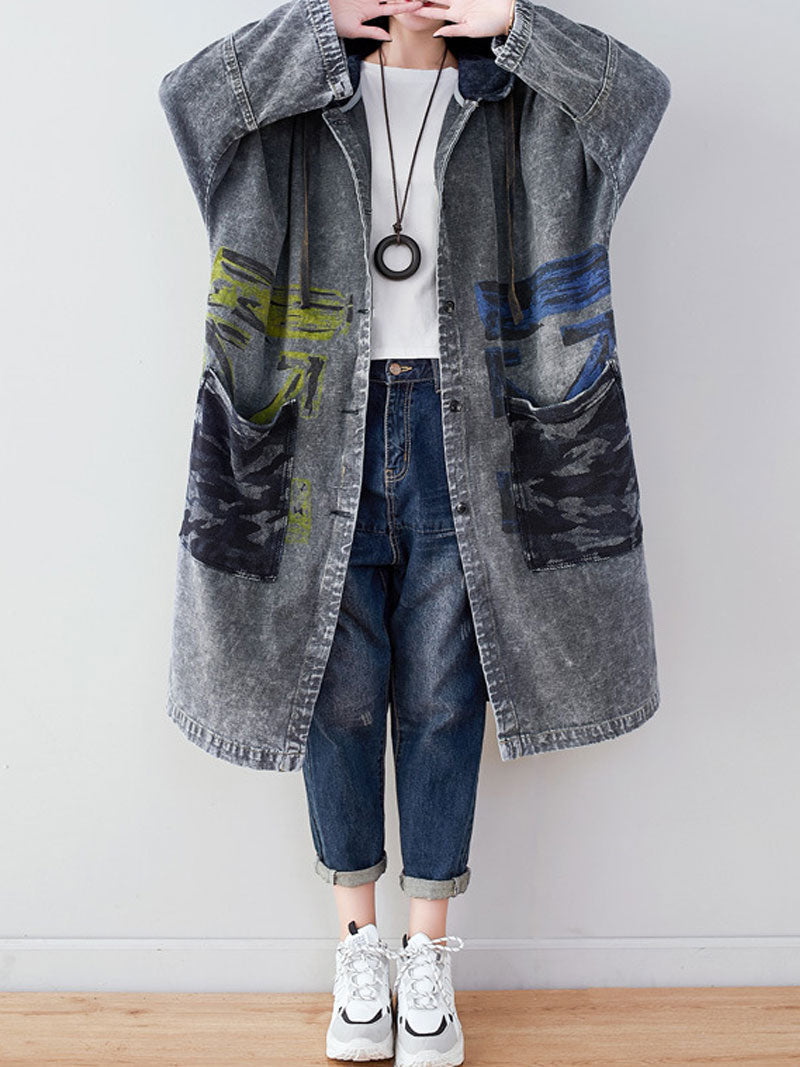 Hooded Graffiti Print Patch Pocket Long Denim Coat