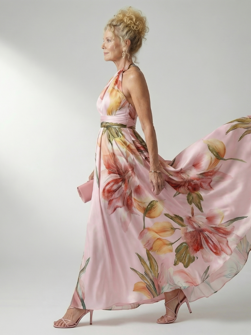 Halter Neck Twist Floral Print Satin A-Line Gown 13