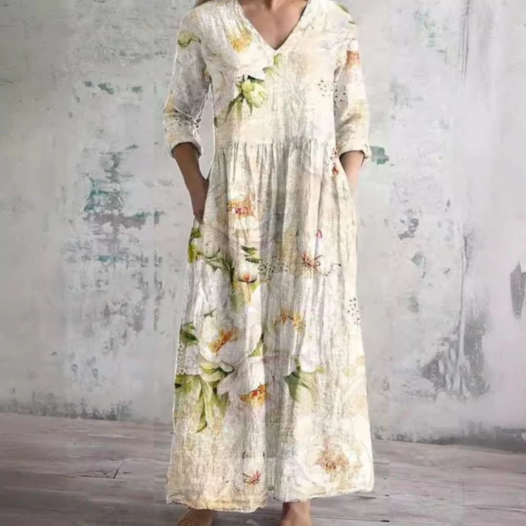 Beige V-Neck Floral Print Long Sleeve Tiered Pocket Maxi Dress