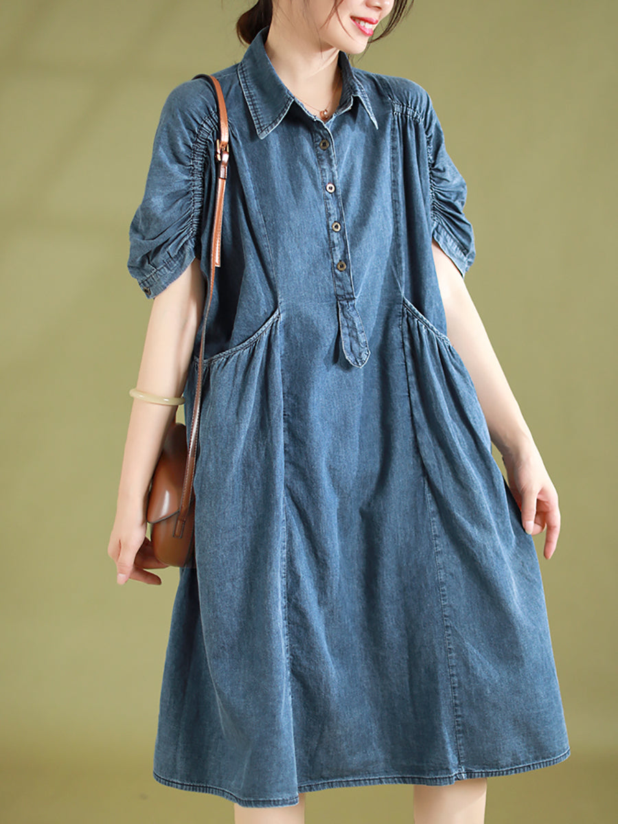 Women Summer Retro Pocket Stitching Button Denim Dress - Omychic