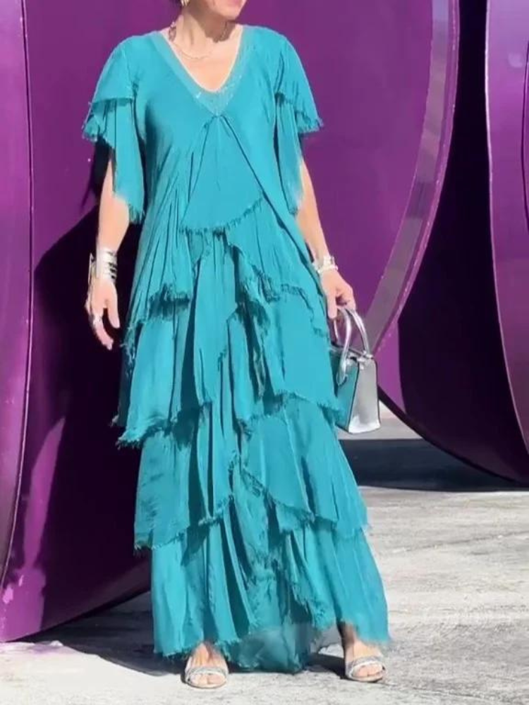 V-Neck Sequin Trim Flutter Sleeve Tiered Ruffle Chiffon Maxi Dress 2
