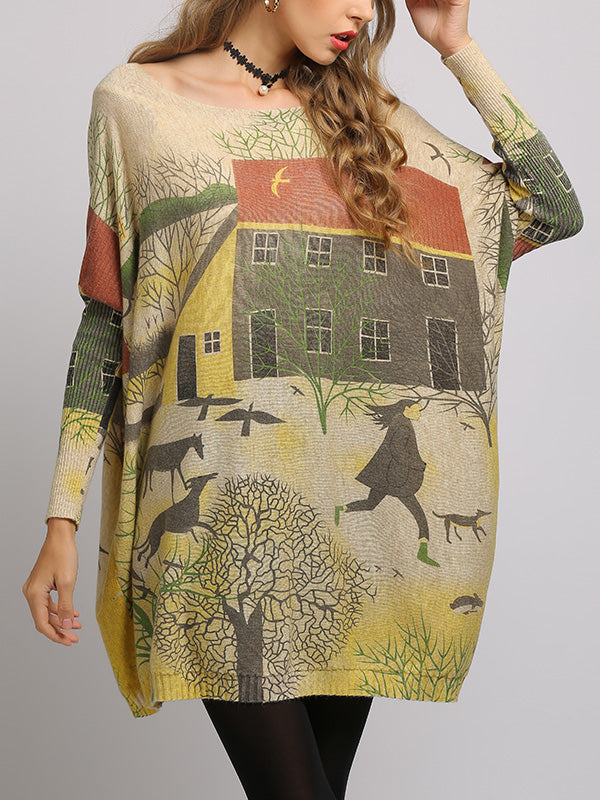 Boat Neck Scenic Print Long Sleeve Loose Knit Sweater 11