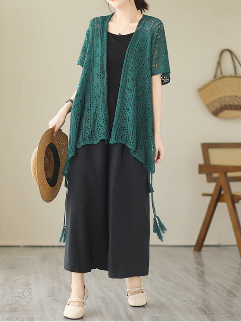 Open Front Short Sleeve Crochet Knit Tassel Tie Cardigan