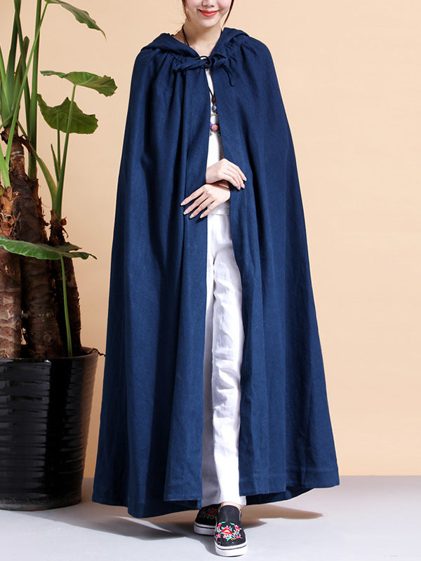 Hooded Open Front Linen Long Cape Coat
