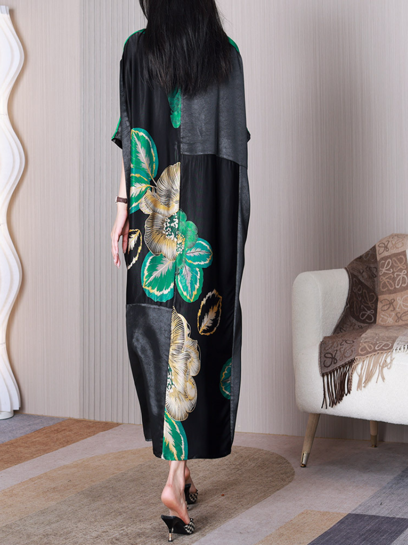 Round Neck Floral Print Satin Batwing Sleeve Loose Maxi Dress 4