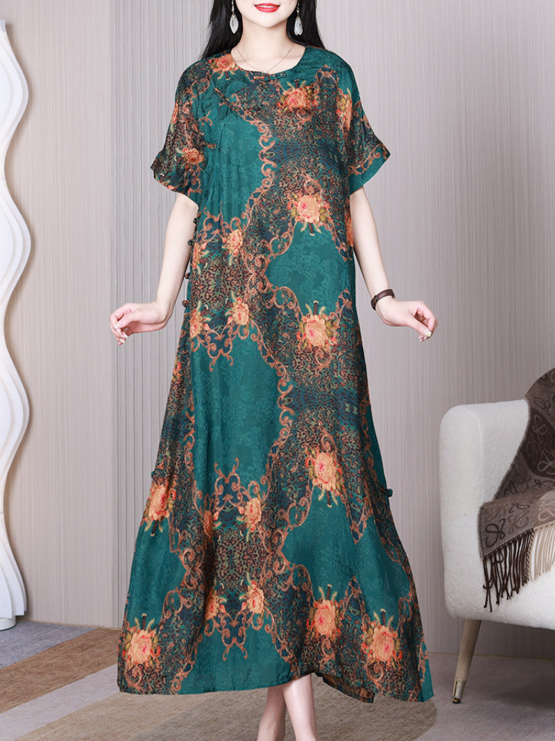 Green Round Neck Short Sleeve Floral Print Satin Shift Maxi Dress 4