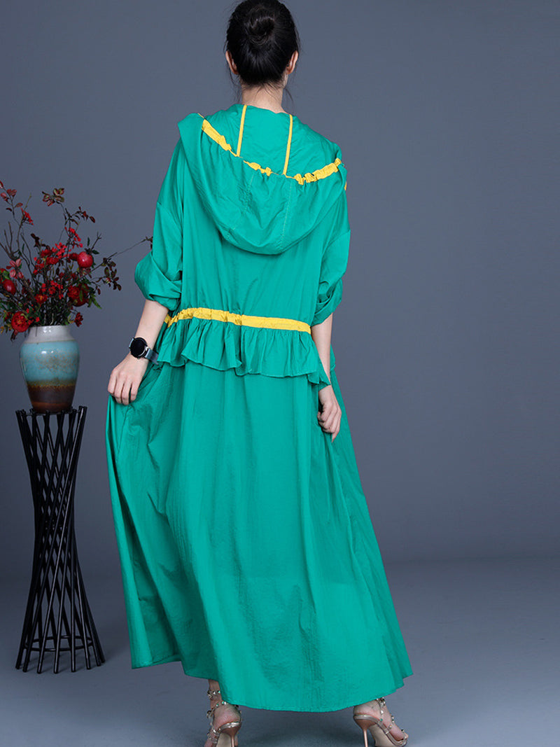 Hooded Drawstring Ruffle Pocket Open Front Long Duster Coat 5
