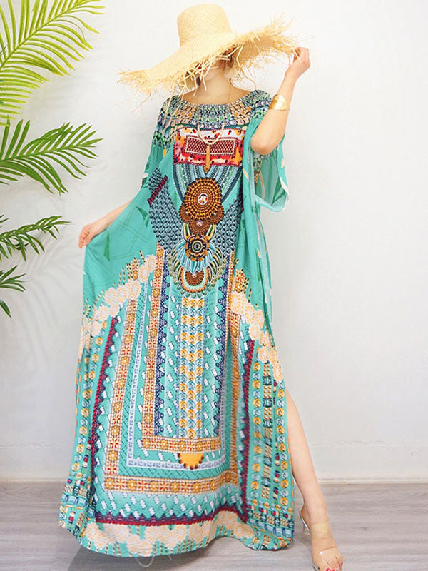 Sea Green Round Neck Ethnic Print Embellished Kaftan Maxi Dress 2