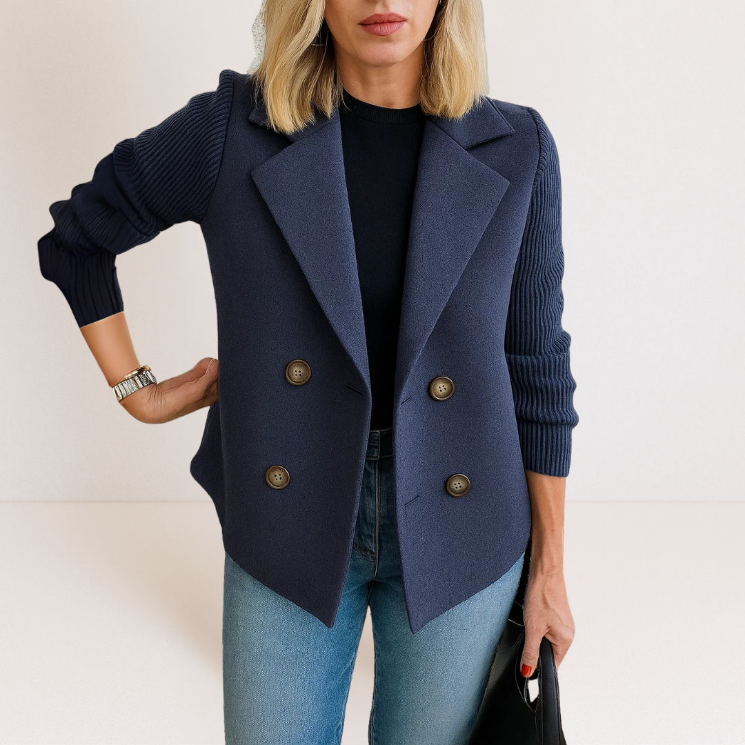 Notch Lapel Ribbed Knit Sleeve Double-Breasted Coat 10