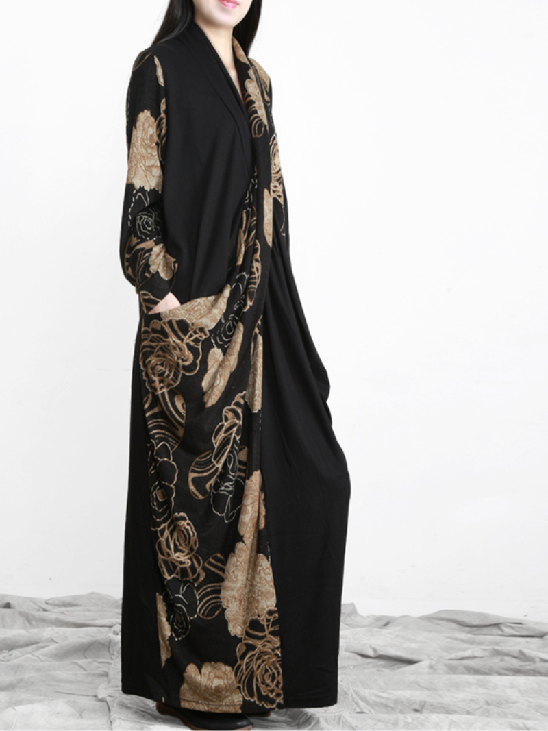 Draped Wrap Front Floral Panel Long Sleeve Loose Maxi Dress 4