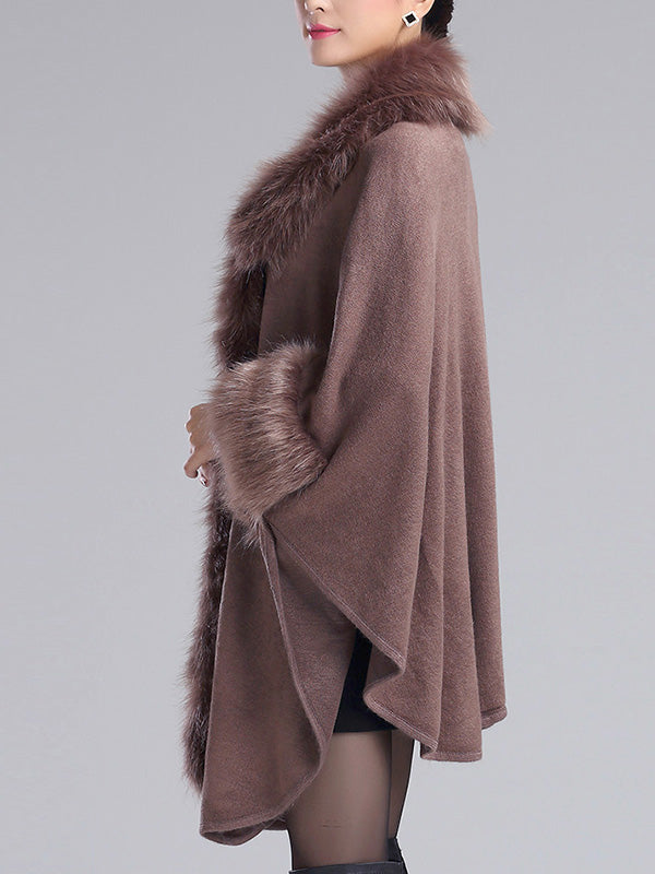 Faux Fur Trim Open Front Batwing Knit Cape Cardigan 9