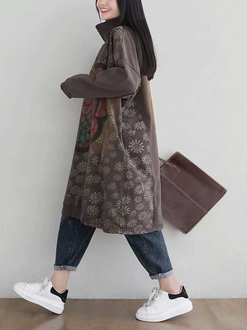 Turtleneck Floral Daisy Print Medallion Oversized Sweatshirt Midi Dress