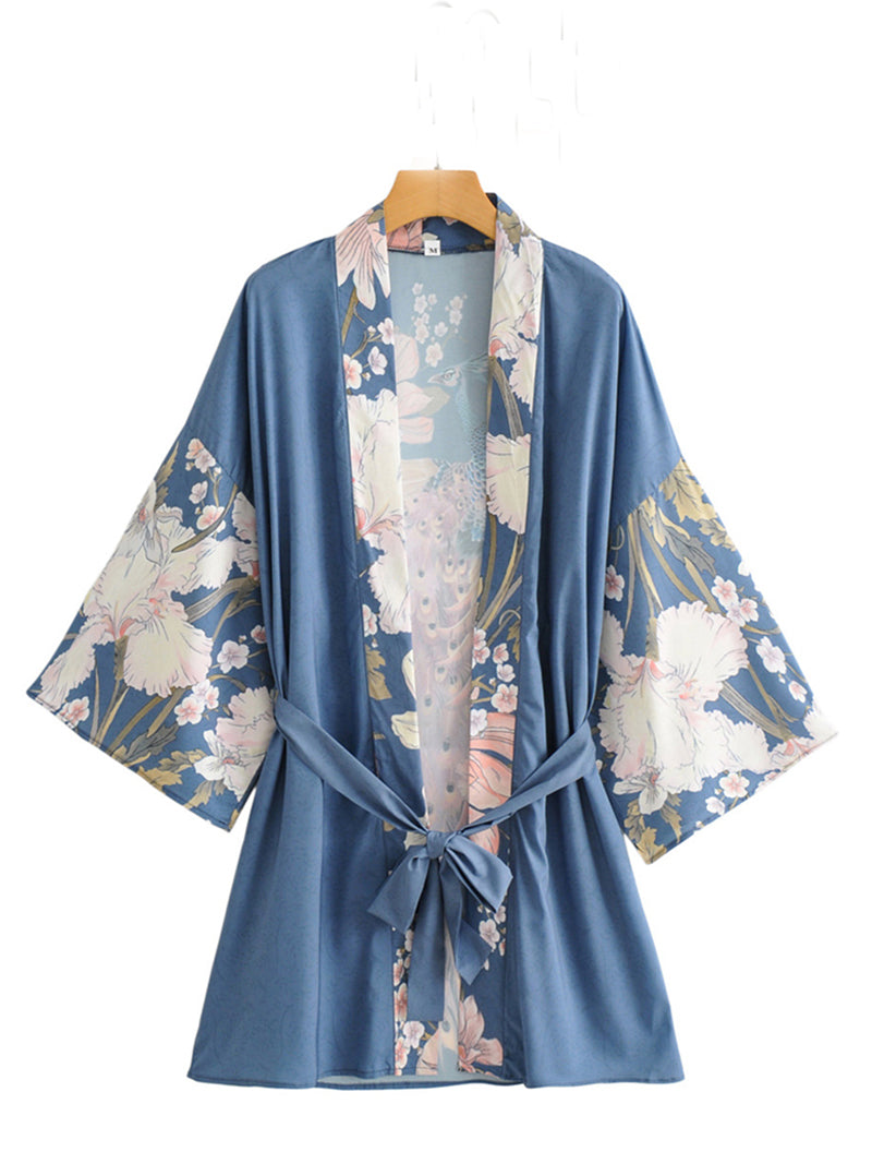 Blue Floral Peacock Print Tie-Waist Short Kimono Robe