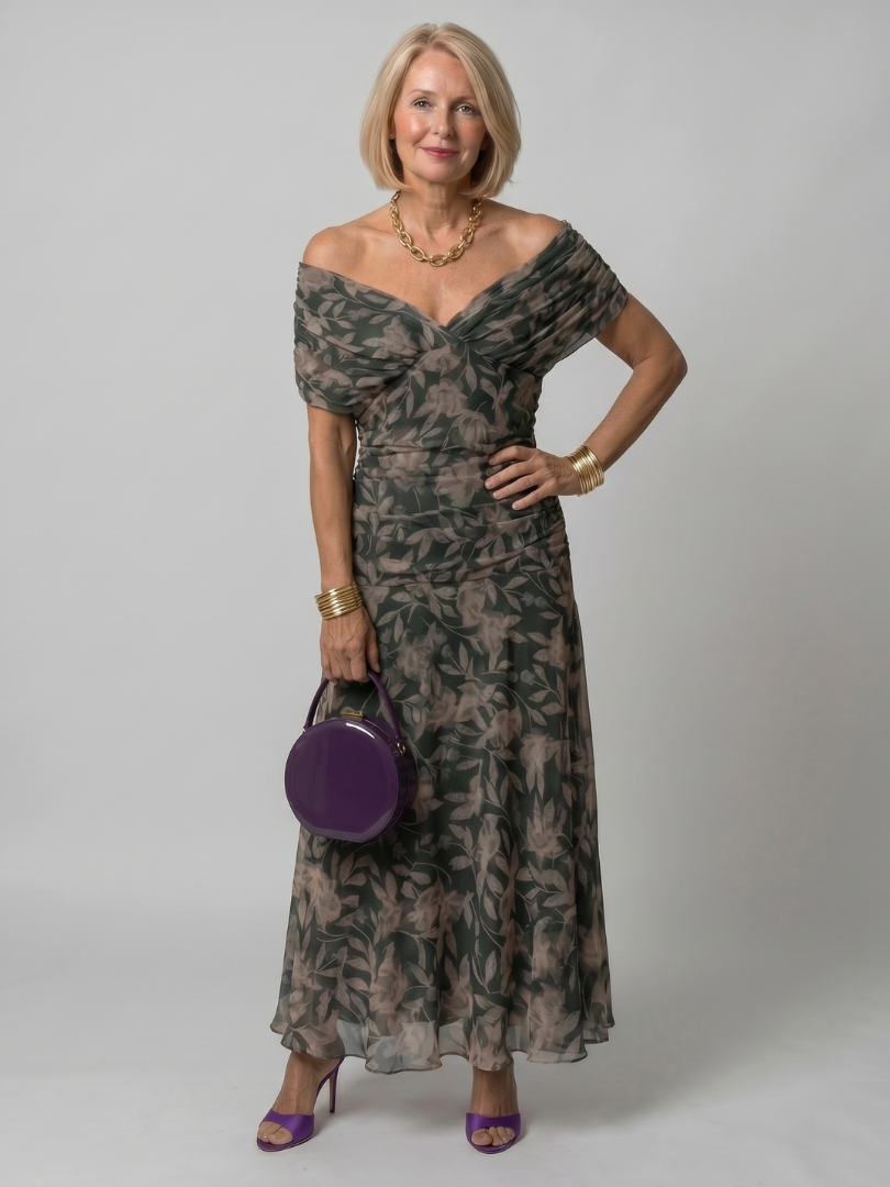 Off-Shoulder Floral Chiffon Draped Ruched A-Line Midi Dress 5
