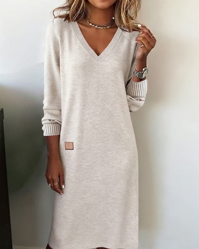 V-Neck Long Sleeve Ribbed Knit Shift Sweater Dress