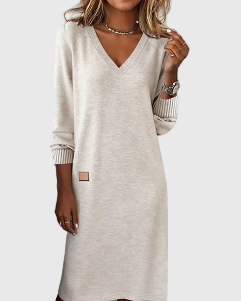 V-Neck Long Sleeve Ribbed Cuff Loose Sweatshirt Mini Dress 2