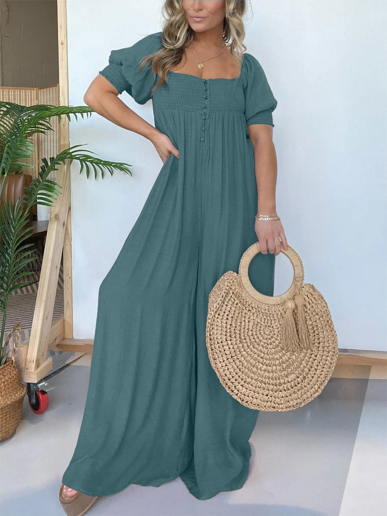 Square Neckline Jumpsuit With Smocked Bodice Button