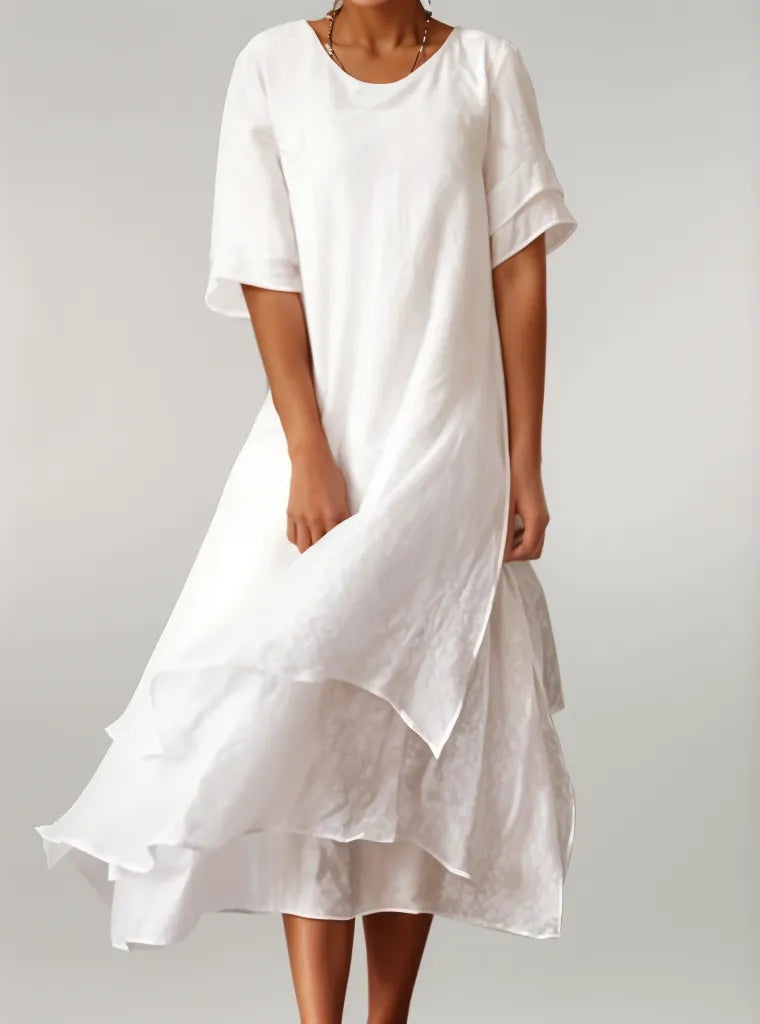 Round Neck Chiffon Flutter Sleeve Tiered Layered Flowy Midi Dress 3