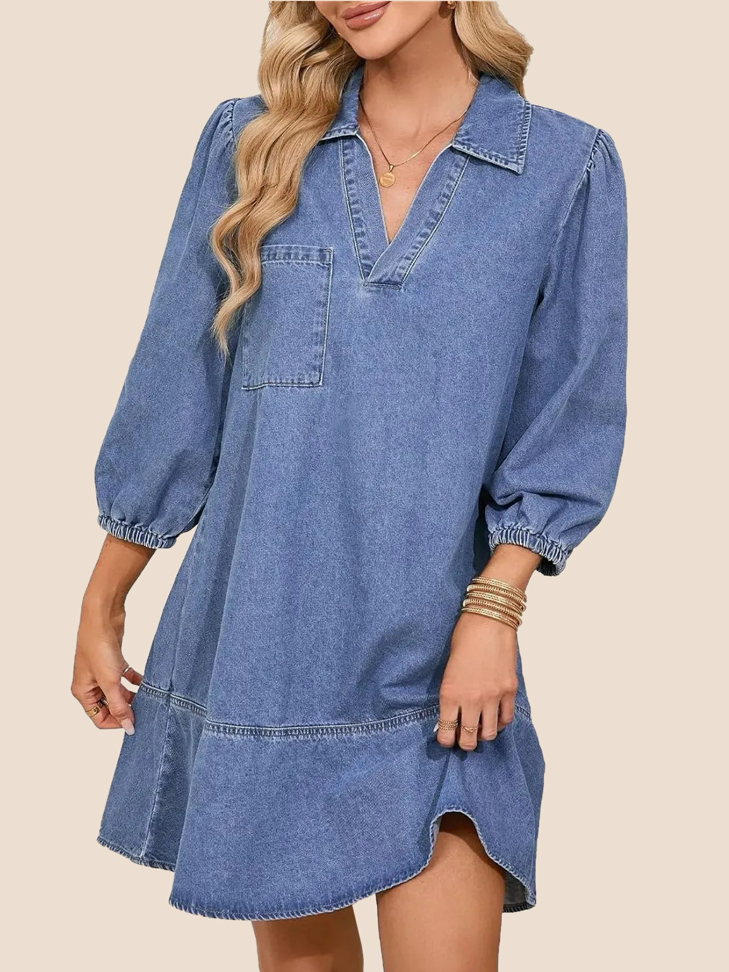 V-Neck Puff Sleeve Denim Layered Dress