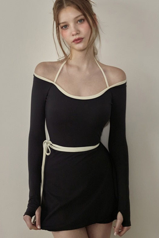 Halter Minimalist Color Block Fresh Bow One Piece Swimwear