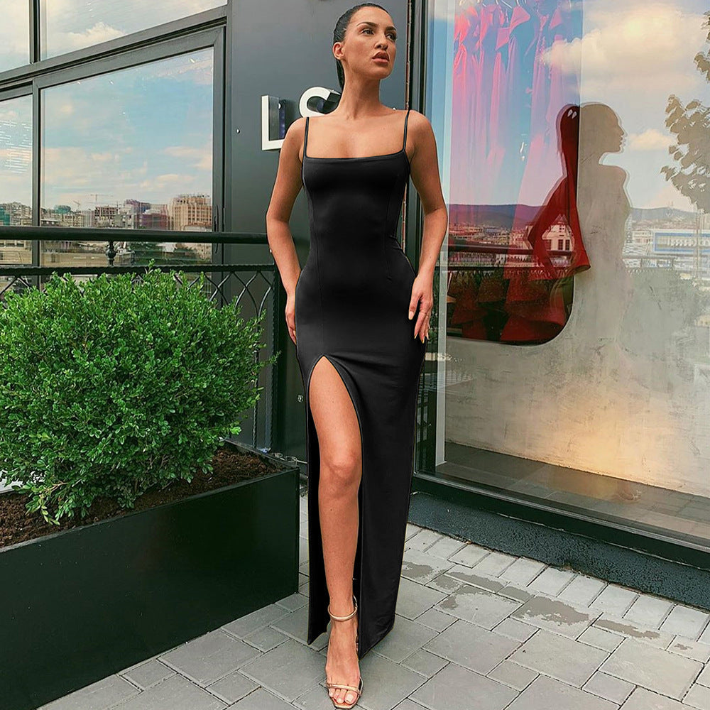 Spaghetti Strap Square Neck High Slit Bodycon Maxi Dress