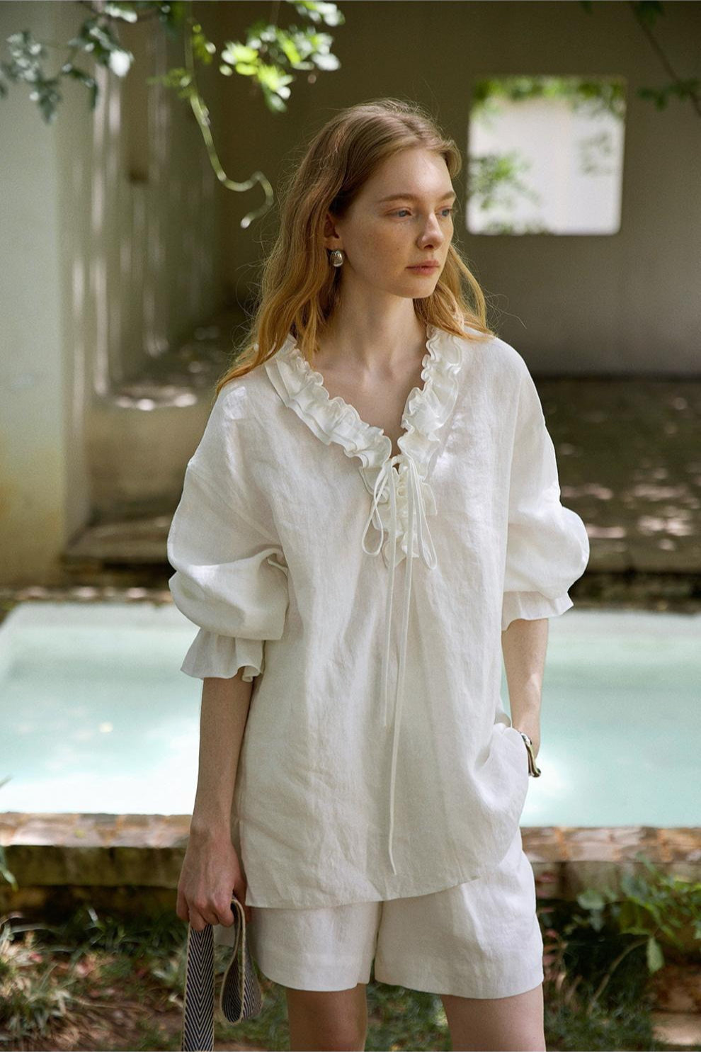 Linen Ruffle Tie Front Blouse