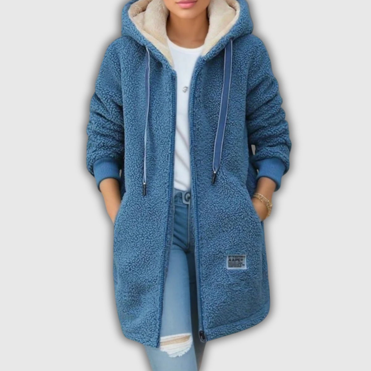 Hooded Teddy Fleece Zip-Front Drawstring Coat