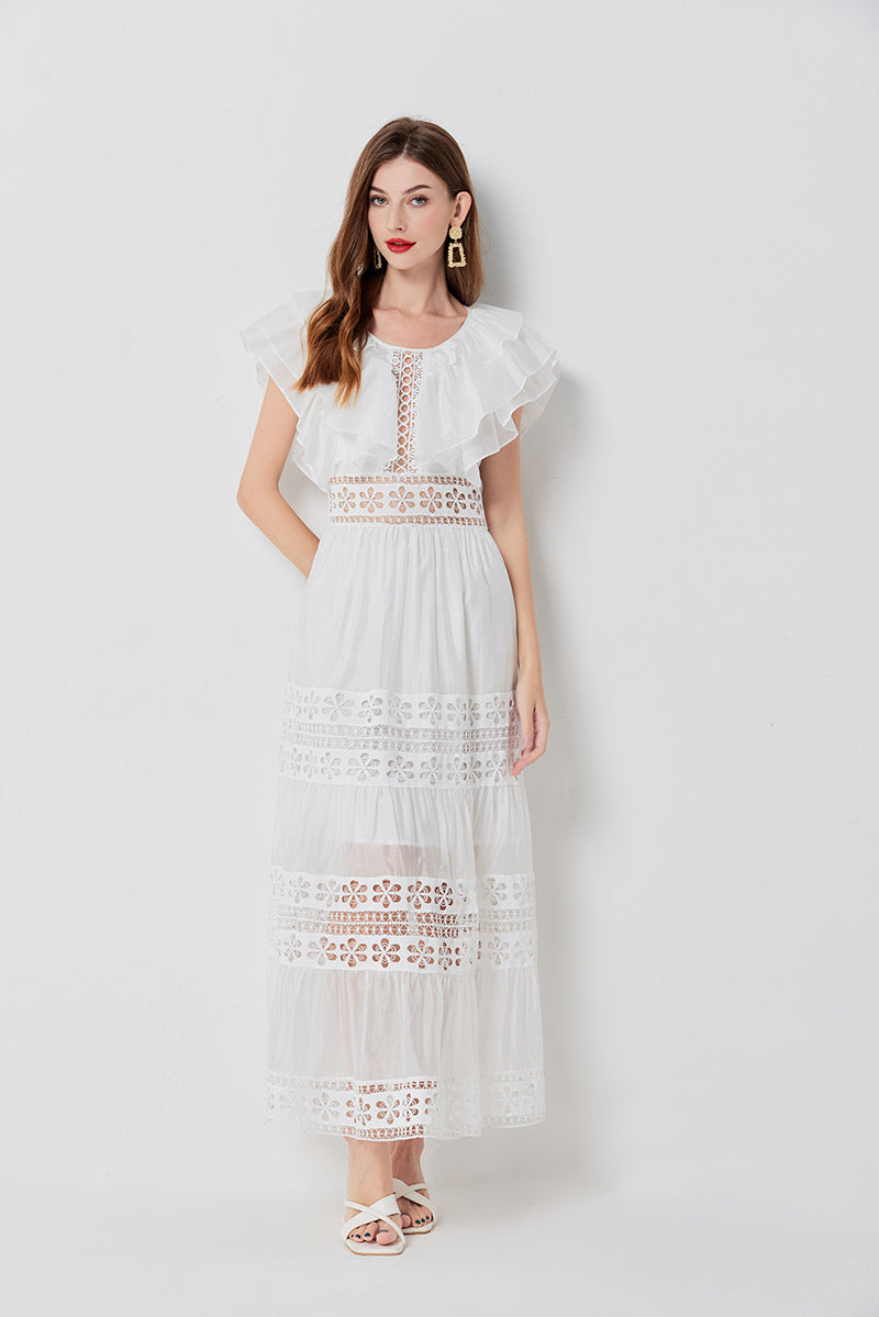 Cool Cotton Stitching Lace Hollow Dress Sleeve Dress