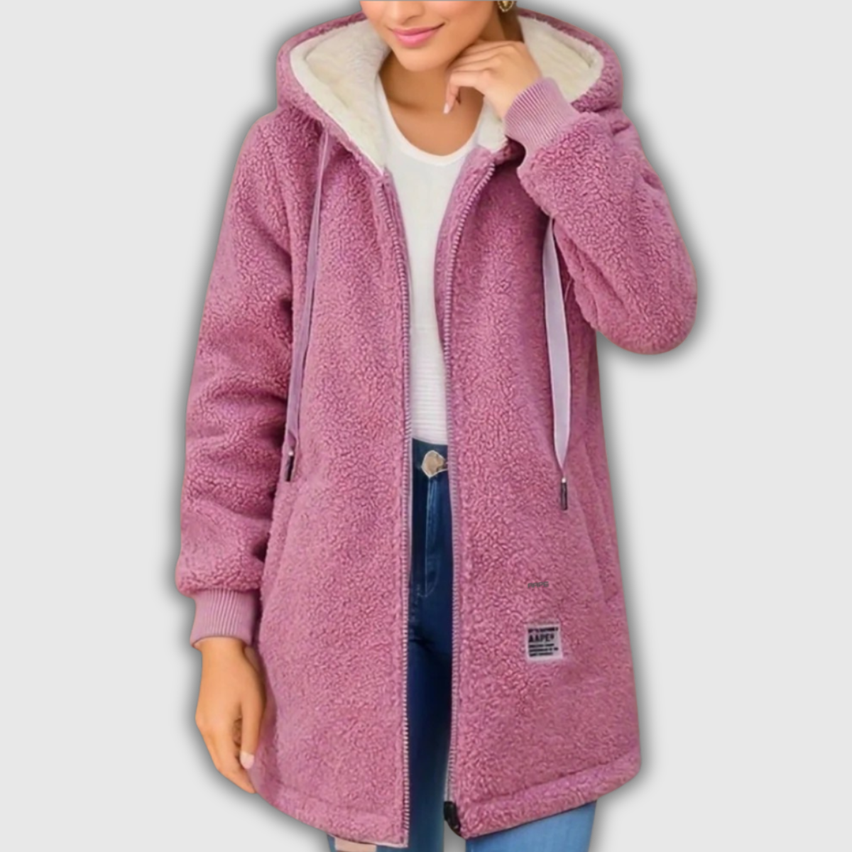 Hooded Teddy Fleece Zip-Front Drawstring Coat 3