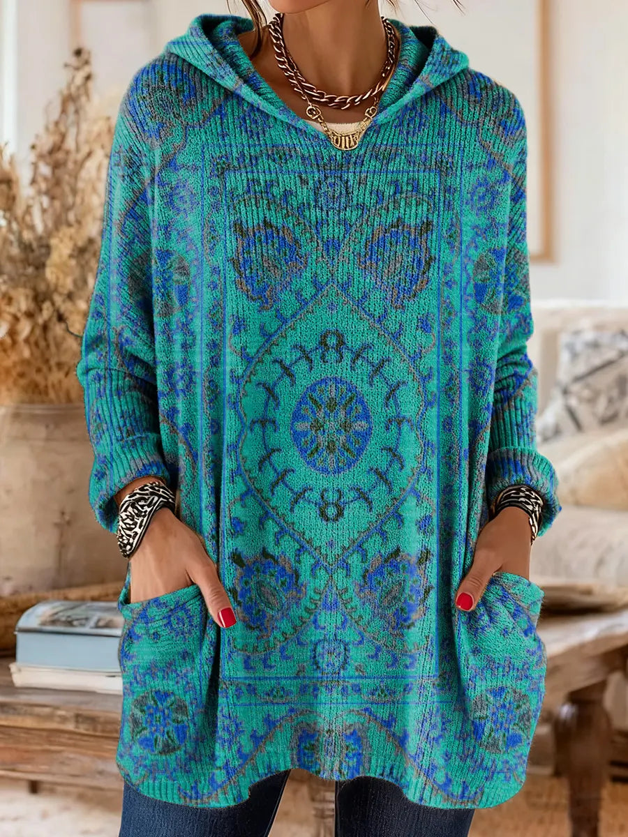 Hooded Ethnic Print Long Sleeve Pocket Knit Sweater