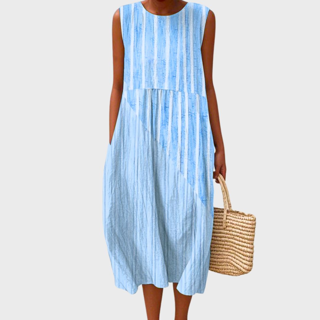 Round Neck Plaid Colorblock Sleeveless Tiered Shift Midi Dress