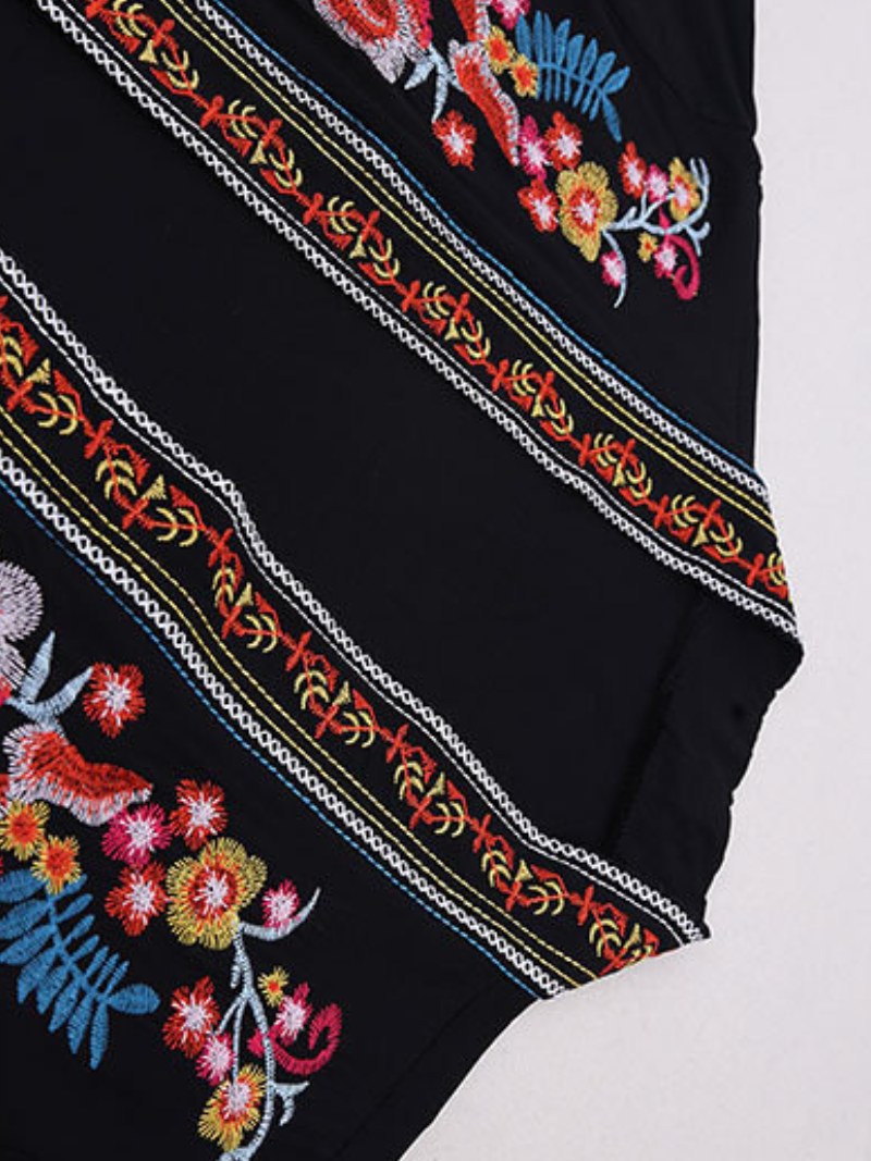 Balck Open Front Embroidered Floral Trim Long Sleeve Kimono Robe 4