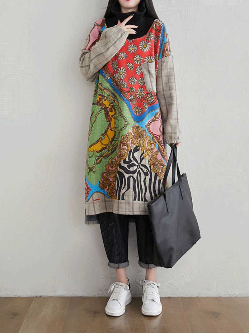 Round Neck Mixed Print Plaid Panel Long Sleeve Shift Midi Dress