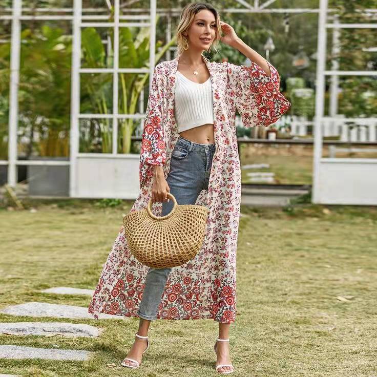 Red Ditsy Floral Border Print Tie Waist Long Kimono 4