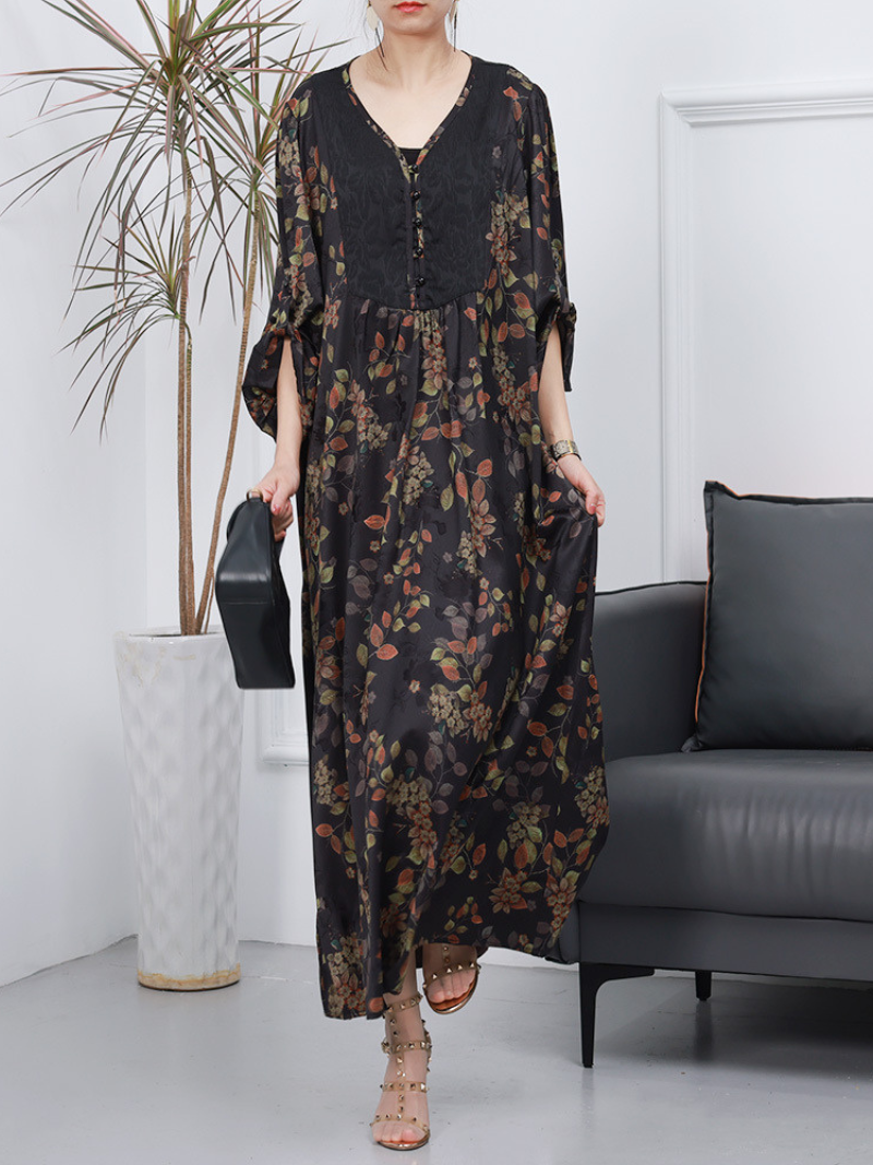 V-Neck Long Sleeve Floral Print Pleated Yoke Kaftan Maxi Dress