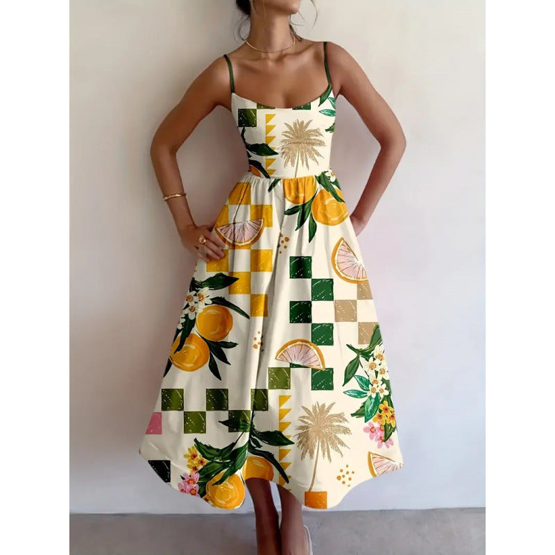 Spaghetti Strap Citrus Palm Print Fit-and-Flare Midi Dress
