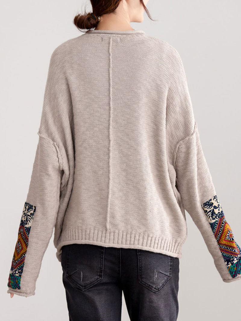 Round Neck Embroidered Sleeve Button Front Knit Cardigan