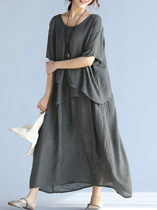 Round Neck Layered Short Sleeve Loose A-Line Linen Maxi Dress 13