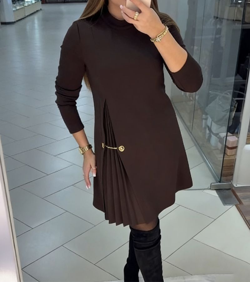 Mock Neck Long Sleeve Pleated Detail A-Line Mini Dress 13