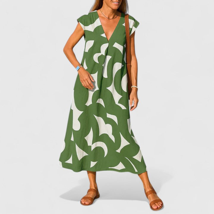 V-Neck Geometric Print Cap Sleeve Relaxed A-Line Midi Dress