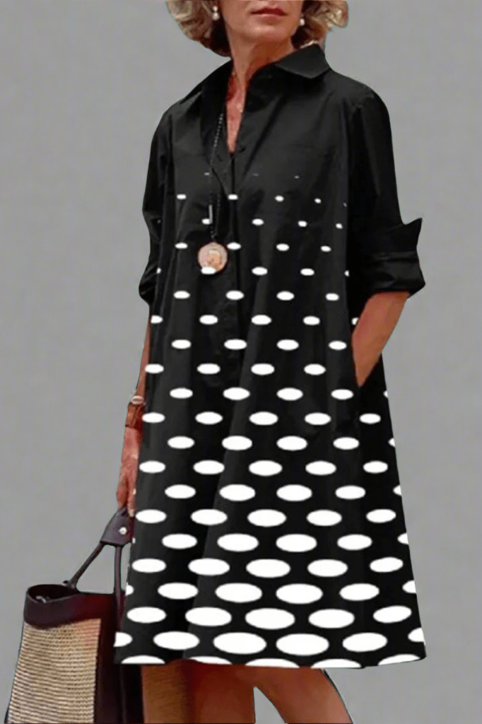 Black Collared Button-Front Polka Dot Long Sleeve Shirt Midi Dress