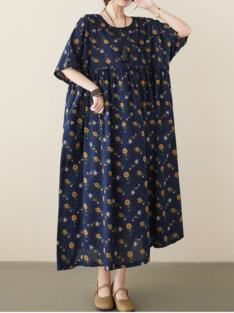 Navy Blue Round Neck Short Sleeve Floral Print Smock A-Line Maxi Dress