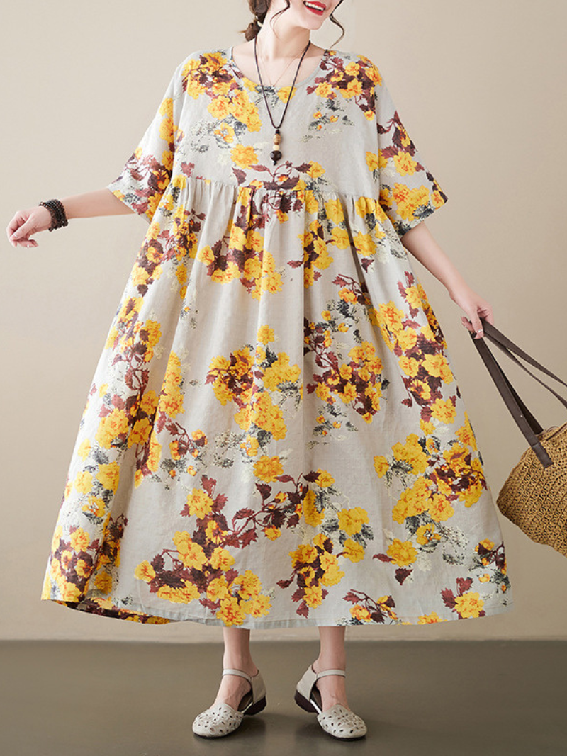 Yellow Round Neck Short Sleeve Floral Smock Loose Midi Dress