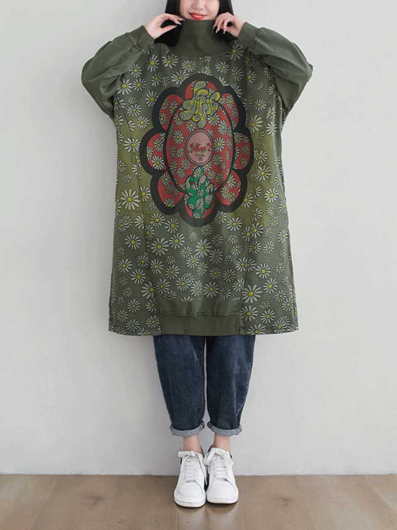Turtleneck Floral Daisy Print Medallion Oversized Sweatshirt Midi Dress