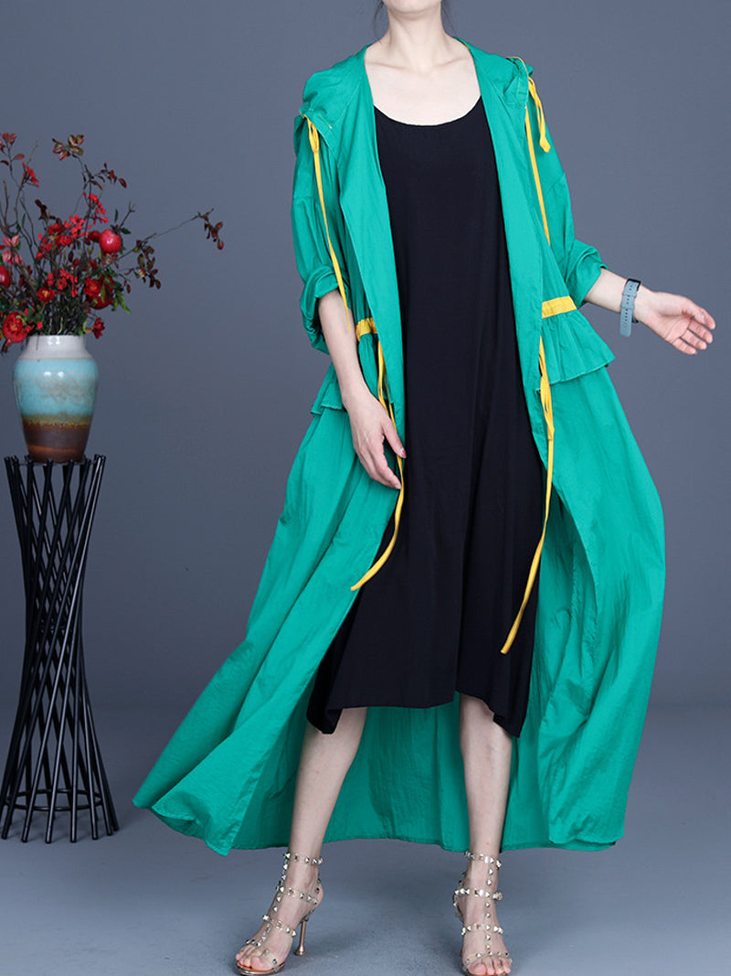 Hooded Drawstring Ruffle Pocket Open Front Long Duster Coat 10