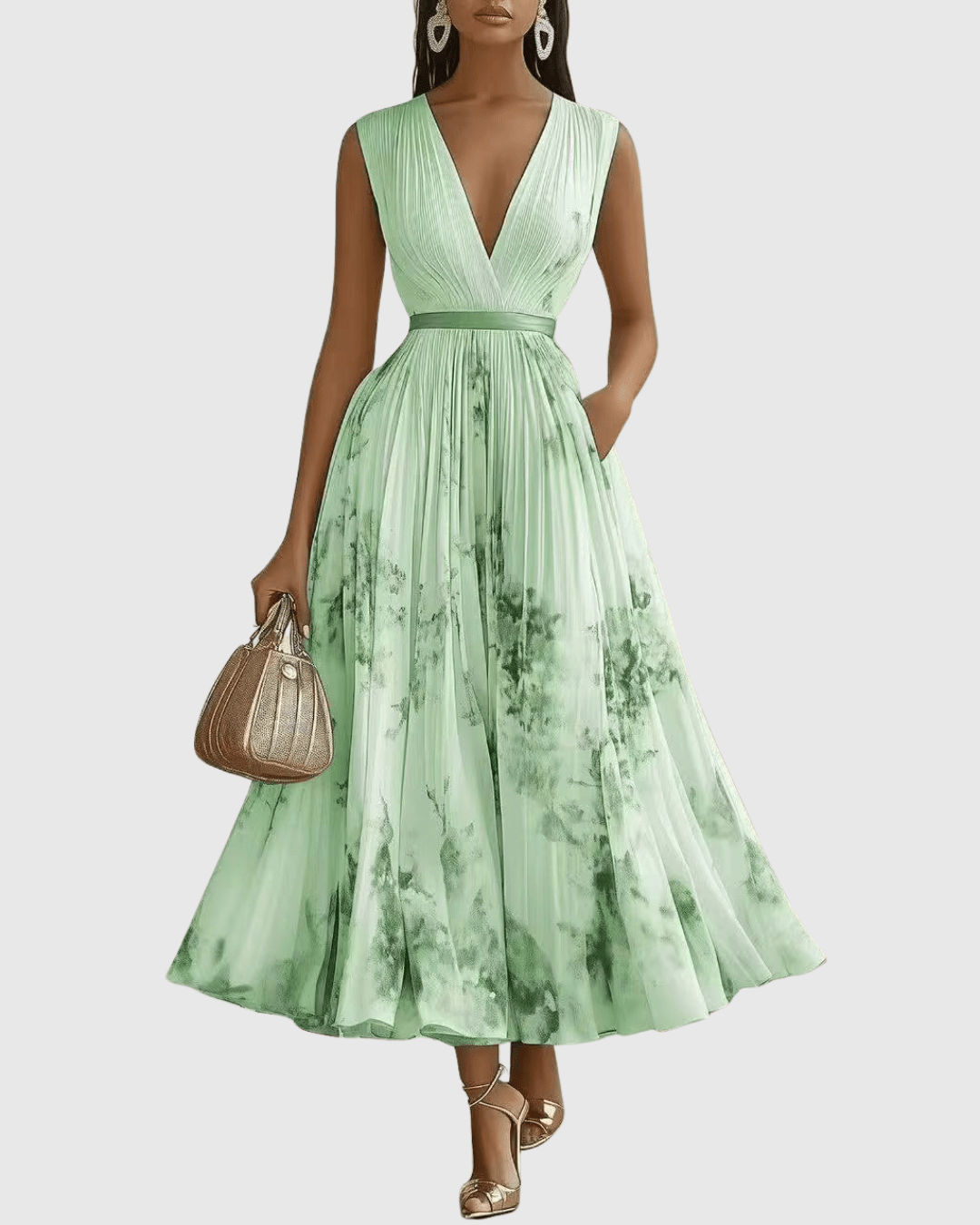 V-Neck Floral Print Sleeveless Pleated A-Line Maxi Dress