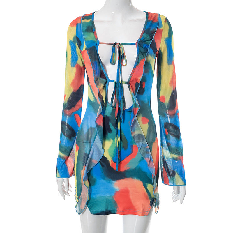 Long sleeve contrast print self tie ruffle mini dress