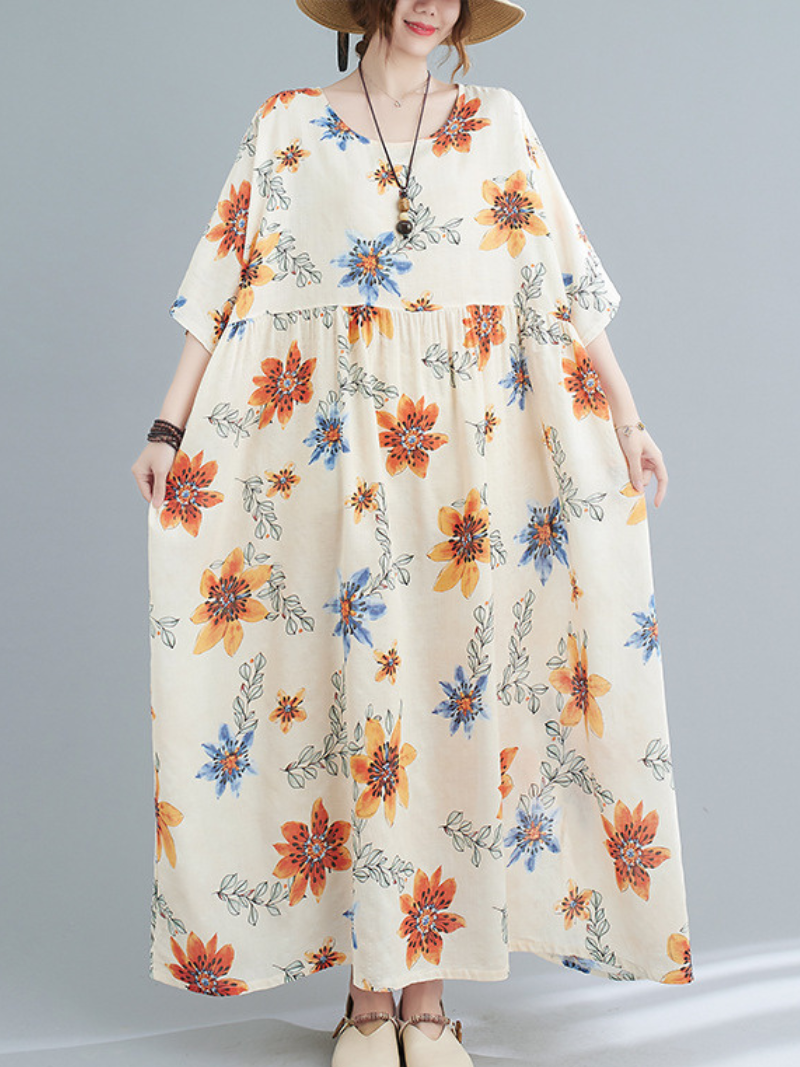 Multicolor Round Neck Floral Print Short Sleeve Loose Smock Maxi Dress