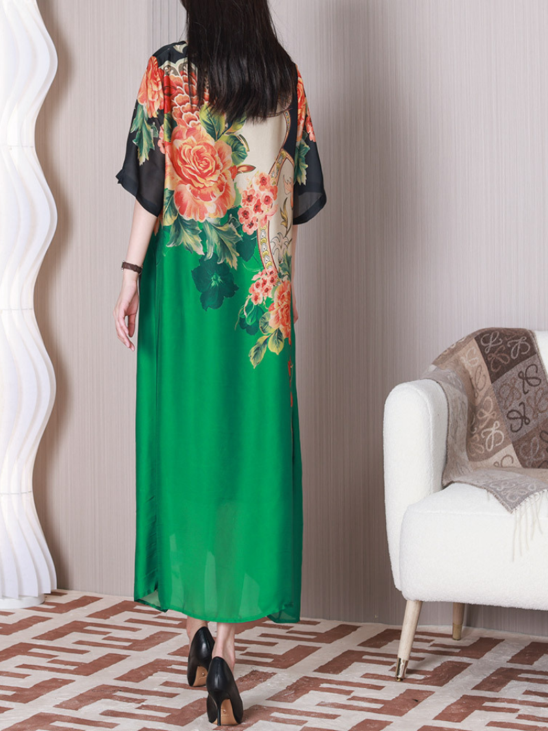 Round Neck Half Sleeve Floral Print Chiffon Maxi Dress 4