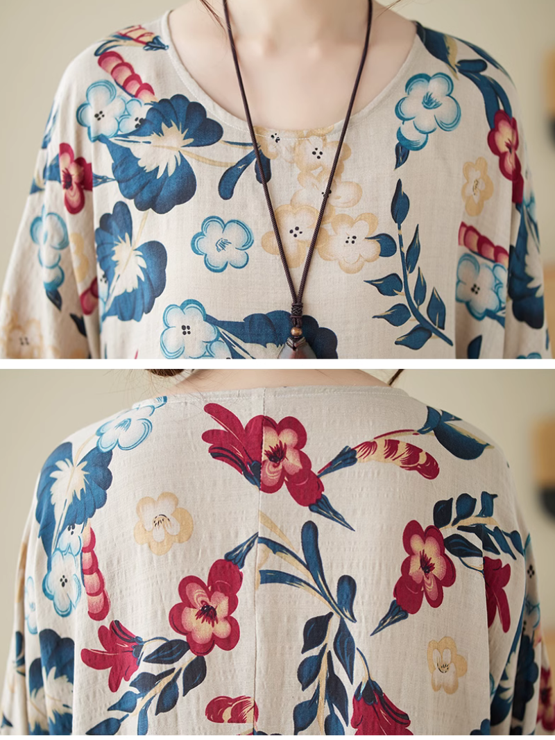 Round Neck Bold Floral Print Smock A-Line Maxi Dress
